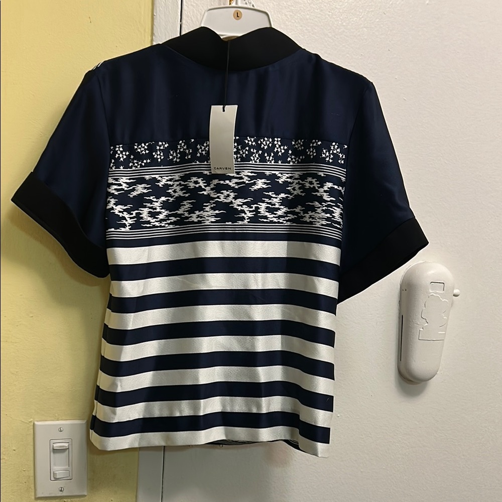 Navy and White Patterned Women's Top by Carven